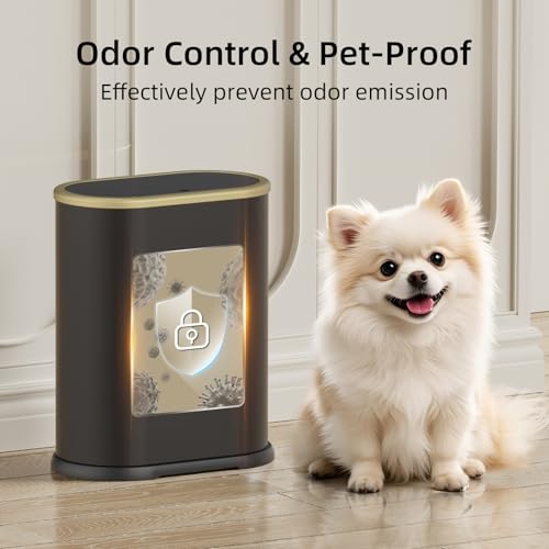 Image of KSSKSS 1.8 Gallons Small White Bathroom Trash Can with Lid, Slim Bathroom Garbage Bin, Dog Proof Trash Can with Pop-Up Lid for Bedroom,Toile, Black