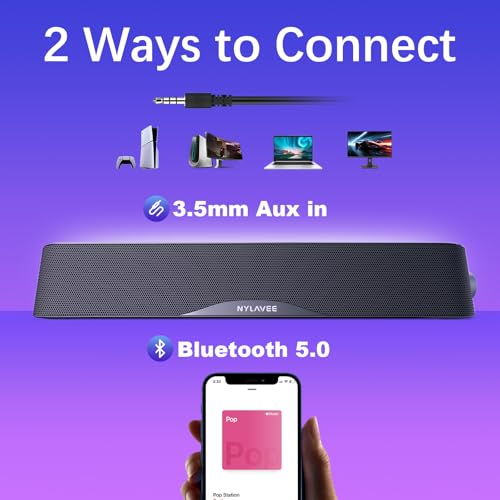 Image of Nylavee Computer Speakers, Hi-Fi Stereo Computer Sound Bar with Bluetooth & 3.5mm Aux, USB /USB-C Powered for Desktop PC, Laptop & Monitor, Built-in Mic and Headphone Jack