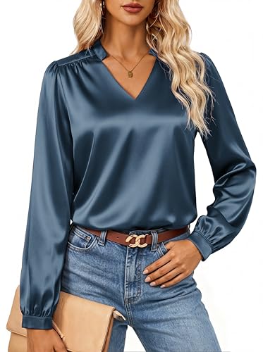GRACE KARIN Womens Business Casual Tops, Long Sleeve Work Satin Blouses, Dressy V Neck Silk Shirts Fall Trendy Outfits Blue S