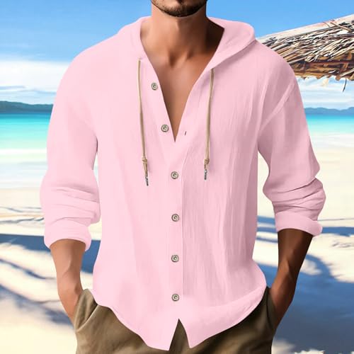 Mens Cotton Linen Button Down Hoodies Lightweight Long Sleeve Fashion Shirt Comfort Hooded Sweatshirts2