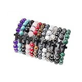 SAMOCO 12Pcs Natural Stone Beaded Bracelets for Women Men Semi-Precious Gemstones Crystal Bracelets Easter Basket Stuffers Cross Beaded Bracelet Unisex Adjustable Stretch Bracelets 8MM