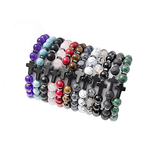 Samoco 12Pcs Healing Stone Beaded Bracelets For Women Men Semi-Precious Gemstones Bracelets Crystal Cross Beaded Bracelet Unisex Adjustable Stretch Bracelets 8Mm #TOP9