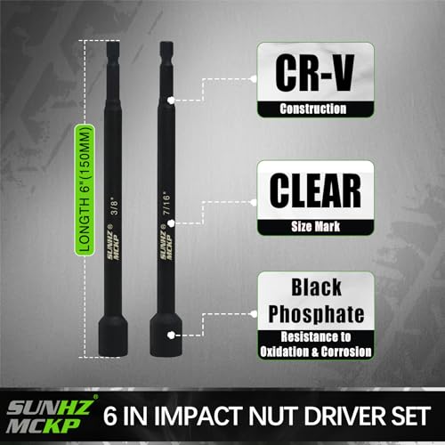 SUNHZMCKP 8 PCS Impact Magnetic Nut Driver Set, SAE Power Nut Drivers Bits for Impact Drill, 6 Inch Long Impact Nut Driver Set with 1/4\" Impact Hex Drive, SAE (1/4\" - 9/16\"), Cr-V Steel