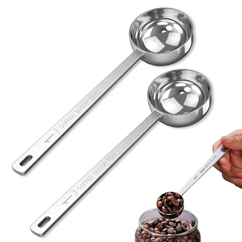 Cucharas de café, 2 cucharas medidoras de café de acero inoxidable, cucharas medidoras de café de 15 ml, cuchara medidora de café de mango largo, cuchara dosificadora de café para café molido, leche
