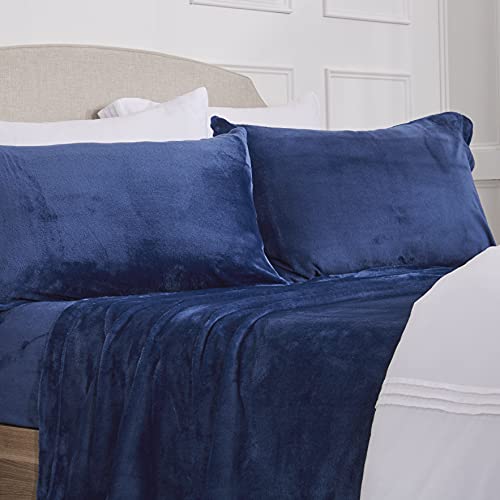 NY Loft Juego de sábanas de microforro polar ultrasuave con bolsillos extra profundos, forro polar súper afelpado, acogedor, cálido, afelpado, tamaño Queen, azul marino