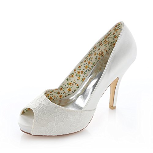 Emily Bridal Ivory Platform Peep Toe Lace Satin Evening Bridal Pumps