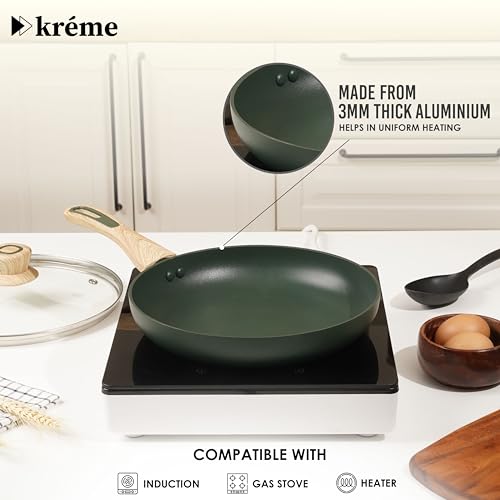 Image of Kreme Venetia Premium Granite Non-Stick 4 Pc Cookware Set | 24cm /2.5L Kadai with Lid 24cm /1.4L Frypan, 28cm Dosa Tawa | Granite Coating | Induction & Gas Stove Use | Healthy Low-Oil Cooking, Green