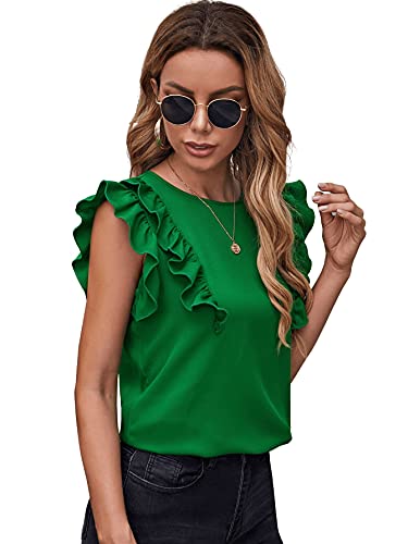 Milumia Women Elegant Ruffle Trim Butterfly Sleeve Blouse Round Neck Work Shirt Top Green Medium #TOP4