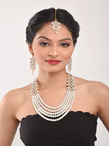 Efulgenz Indian Bollywood Traditional Faux Kundan Pearl Beads Bridal Wear Necklace Earrings Maangtika Wedding Jewelry Set (Style 1) #TOP2
