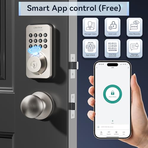 Image of Ulecoce Fingerprint Keypad Deadbolt with Handle Set, Keyless Entry Door Lock, Door Locks for Front Door Lock Set, App Control, Auto Locking, Easy to Install, Satin Nickel