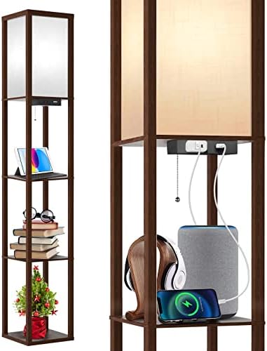 OUTON Floor Lamp with Shelves, LED Modern Shelf Floor Lamp with USB Port & Power Outlet, 3 Color Temperature, Storage Display Wood Column Standing Tall Lamp for Living Room, Bedroom, Office, Walnut