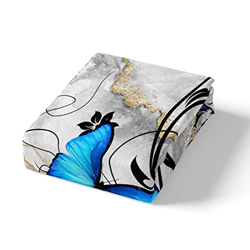 Erosebridal Blue Butterfly Bedding Set Full,Gold White Grey Marble Printed Duvet Cover,Black Florals Flowers Comforter Cover,Funny Animal Butterflies Quilt Cover,Luxury Home Room Decor Girls Women #TOP4