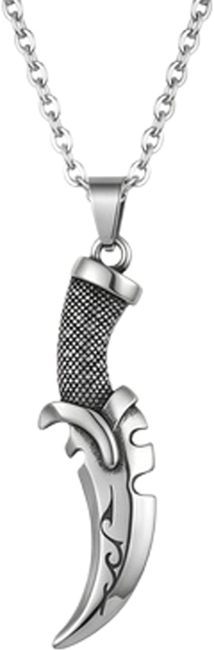 Stainless Steel Tribal Fang Pendant Necklace Curved Tusk Inspired Charm Jewelry with 18 Inch Cable Chain Silver Tone Decorative Design 55x14mm.|JA_CSN_0109