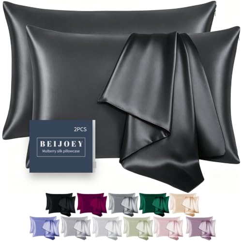 BEIJOEY 100% Mulberry Silk Pillowcase 2 Pack for Hair and Skin,with Hidden Zipper,Both Sides 19 Momme 600 Thread Count Natural Silk Pillow Cover,Soft Breathable Smooth (Black, Standard 20''x26'')