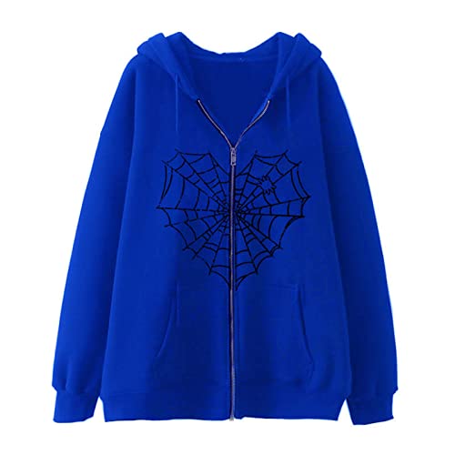 Zip Up Y2K Spider Web Heart Hooded Oversized Jacket Sweatshirt Goth Punk Hooded Jacket Streetwear