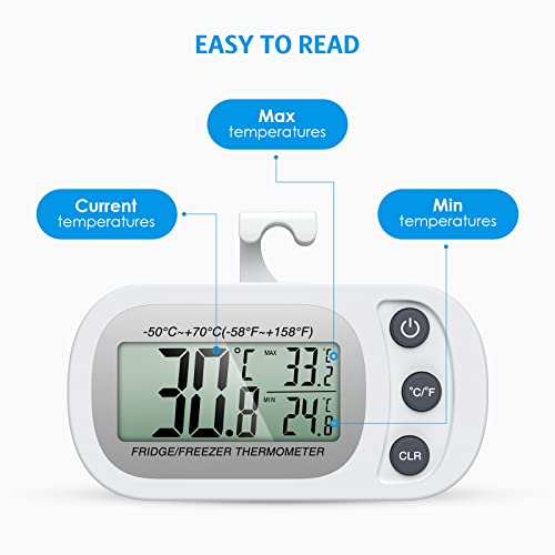 Upgraded AMIR Refrigerator Thermometer, Waterproof Mini Freezer Thermometer, Digital Thermometer with Hook, LCD Display, ℃/℉ Switch + Max/Min Record, for Kitchen, Home, Restaurants, White, 2 Pack