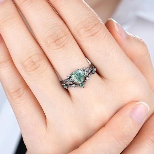 High-grade Vintage Nature Moss Agate Engagement Ring Sets for Women Art Deco Cluster Green Agate Bridal Ring S925 Silver 10K 14K 18K Gold Inspired Promise Wedding Band 5