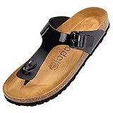 Palado® Damen Zehentrenner Kos | Made in EU | Sandalen in 16 Farben | Pantoletten mit Natur Kork-Fussbett und angenehm weichem Fußbett | Sohle aus feinem Velourleder Lack Schwarz 37 EU