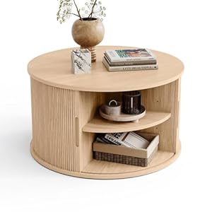 LINSY HOME Round Coffee Table, 31.5″ Drum Coffee Table with Sliding Tambour Door, Fluted Accent Center Table with Storage, Mid Century Modern Coffee Table for Living Room, Oak