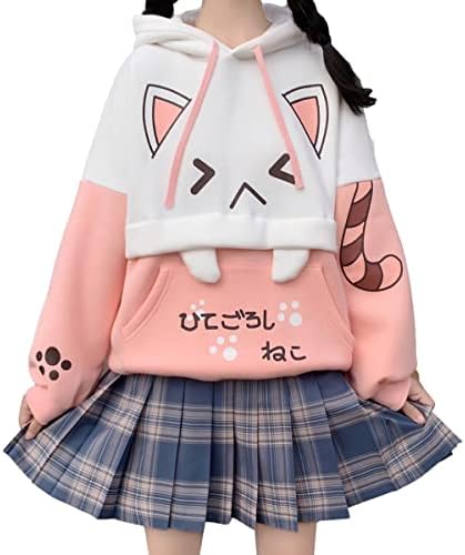 Cuteighteen Cute Cat Graphic Hoodies Pullover Teen Girls Japanese Kawaii Anime Print Hooded Sweatshirt Fashion Tops (Pink), One Size