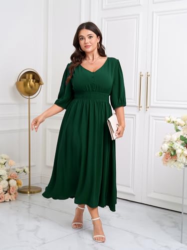 Image of SCOMCHIC Women Plus Size Dresses V Neck 3 /4 Sleeve Smocked High Waist Summer Flowy A Line Maxi Dress