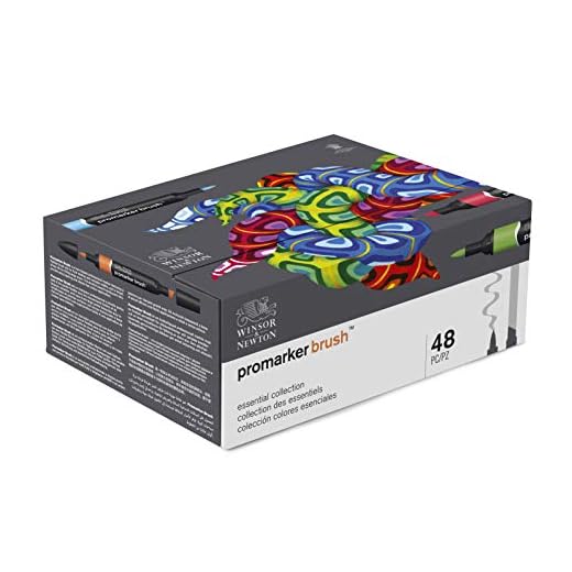 Winsor & Newton Promarker Brush - Set de 48 Rotuladores de Doble Punta, Punta Pincel, Tinta Base Alcohol, Colección Colores Esenciales