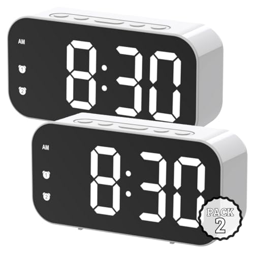 AKIDOS Pack de 2 – Reloj Digital Despertador con Doble Alarma, Pantalla LED Espejo HD, luz Nocturna cálida por Voz, Brillo Ajustable, Temperatura en Tiempo Real, silenciosos, Color Blanco