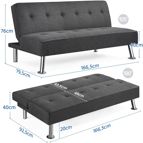 Yaheetech Schlafsofa mit Liegefläche 166,5 cm L × 92 cm B Bettsofa bis 350 kg Belastbar Schlafcouch für Wohnzimmer/Schlafzimmer/Gästezimmer grau