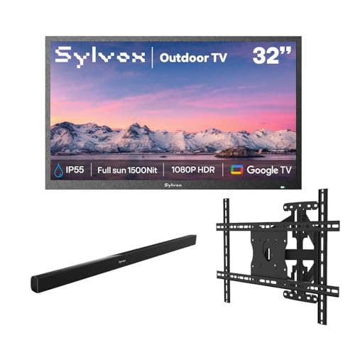 SYLVOX 32" Outdoor TV with Wall Mount and Soundbar, Full Sun Smart Outdoor Television 1500 Nits Brightness, IP55 Weatherproof TV Google OS (Pool Se)