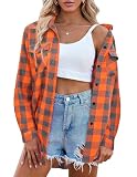 Zeagoo Womens Tartan Plaid Flannel Shirts, Roll up Sleeve Casual Boyfriend Button Down Gingham Checkered Shirt, Orange, X-Large