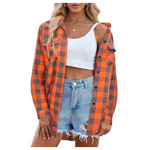 Zeagoo Womens Tartan Plaid Flannel Shirts, Roll up Sleeve Casual Boyfriend Button Down Gingham Checkered Shirt, Orange, X-Large