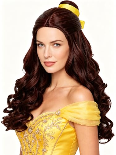Half and Half Long Brown Curly Princess Wig with Bun + Yellow Ribbon + Wig Cap 23.6 Dark Brown Costume Wave Wigs for Women Halloween Party