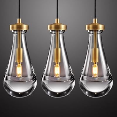 Joyunleo Raindrop Pendant Light Fixtures Set of Three, Brass Glass Pendant Lighting, Teardrops Pendant Lights Kitchen Island, Indoor Pendant Light for Kitchen Island Bedroom Bathroom, Included Bulb