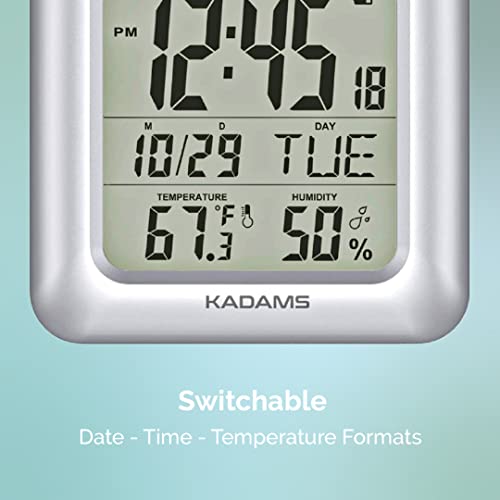Kadams Bathroom Digital Clock With Large Lcd Screen - Shower Wall Clock With Timer - Water Resistant - Temperature & Humidity Display - Calendar Display - 4 Mounting Options (Silver) #TOP5