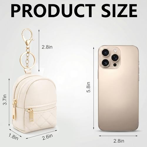2 Pcs Mini Keychain Backpack, Cute Cosmetic Bag for Women Creative Pendant Keychain Keyrings PU Leather Makeup Bag Key Pocket Lipstick Bag Card Holder Zipper Pouch(Pink+Beige) - Image 4