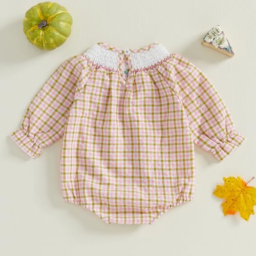 Baby Girl Thanksgiving Outfit Turkey Smocked Bubble Romper Long Sleeve Plaid Bodysuit Infant Fall Clothes3
