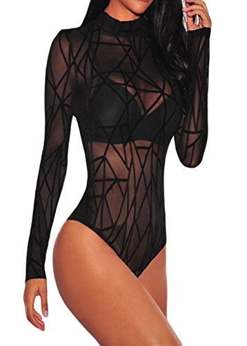 Shawhuwa Women Sheer Mesh Long Sleeve Geometric Velvet Bodysuit Tops XXL Black
