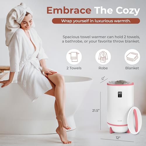 Image of SereneLife Towel and Blanket Warmer - Single Touch Portable Towel Heater for Bathroom, Fragrant Disc Holder, LED Ring, 2 Large Towel Capacity, Built-in Timer (15-60 mins), Auto Shut-Off (Pink)