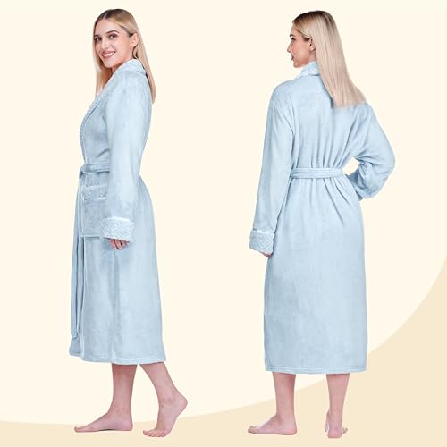 Image of PAVILIA Women's Plush Fleece Robe, Soft Cozy Long Bathrobe with Satin Waffle Trim, Warm Lightweight, Pockets & Tie Belt