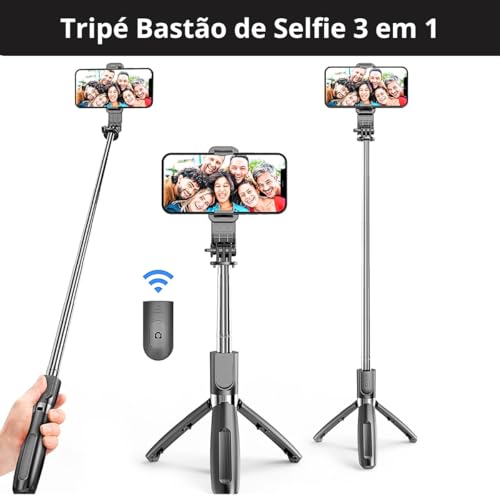 Bastão de Selfie Sem Fio 3 em 1 com Suporte Tripé Bluetooth para Celular e Câmera Retrátil com Contr