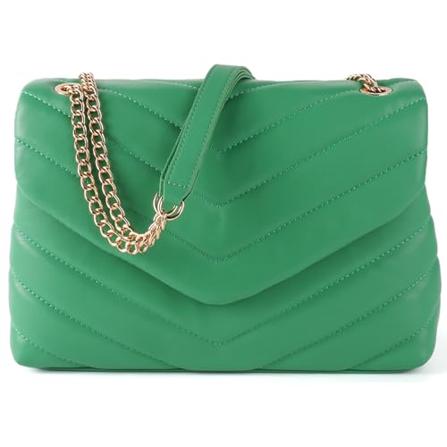 Image of Quilted Crossbody Bag for Women, Soft Vegan Leather Chevron Purses, Trendy Shoulder Handbags with Gold Chain Strap (Green)