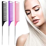 Rat Tail Combs Set: 3Pcs Long Steel Pin Teasing Combs for Salon Hair Stylists, Metal Parting Combs for Women (Purple, Black, Pink) - Image 2