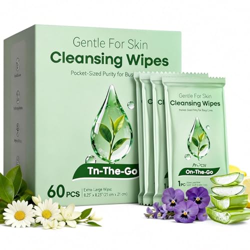 Green Tea Facial Cleansing Wipes, Extra Large No Rinse Cleansing Cloths for Body, Gentle Cleanse, Soothe & Hydrate, Travel Essentials & Disposable for Post Workout Cleanup & Elderly Hygiene, 60 Count