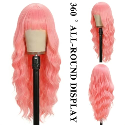 NOSTALGIA Pink Wig with Bangs for Women, 26 Inch Long Wavy Synthetic Wig | Heat Resistant Synthetic Fiber, Trimmable Bangs, Lightweight for Daily Wear, Cosplay, Parties, Festivals, and Halloween - image 2