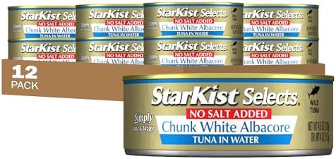 StarKist Selects No Salt Added Chunk White Albacore Tuna in Water, 4.5 oz (12 Pack) Canned Tuna Fish, Wild Caught, Gluten Free, Ready to Eat, Perfect for Salads, Keto Meals & Snacks, 30g Protein