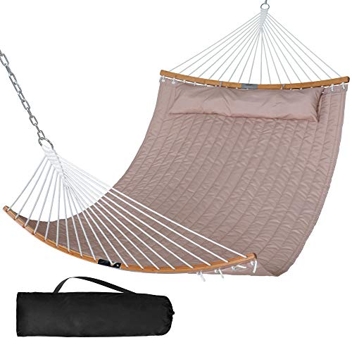 SUNCREAT 13.8 FT Hammocks Quilted Fabric Double Hammock with Detachable Curved Bamboo Spreader Bar and Soft Pillow, Max 450 lbs Capacity, Brown