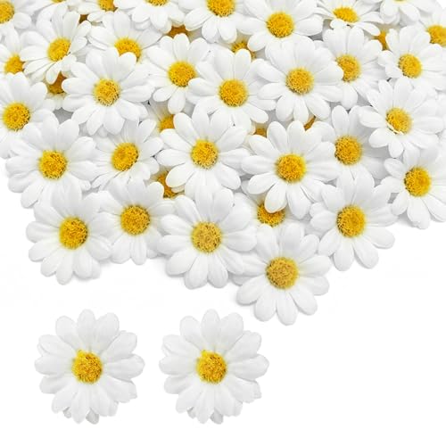 Nievajio Lot de 120 têtes de marguerites artificielles blanches - Marguerites réalistes en soie avec tige creuse pour bricolage, bouquet de mariage, couronne, décoration de fête, loisirs créatifs