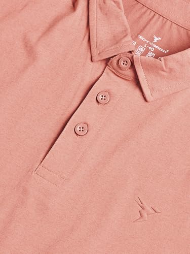 Image of TECHNOSPORT Men's Solid Slim Fit Polo Collar T-Shirt COTFLEX Half Sleeve Button Polyester for Gym Running Workout UPF50+ Anti Odour
