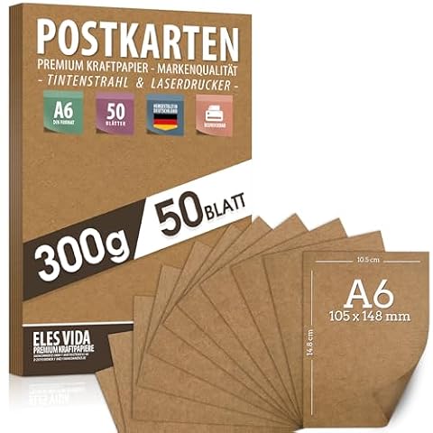 Puste kartki pocztowe, papier typu kraft do samodzielnego ozdobienia, DIN A6, 300 g, 10,5 x 14,8 cm, naturalny karton, arkusze z kartonu typu kraft do drukowania, papieru kartonowego, majsterkowania,