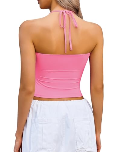 Image of Avidlove Halter Tops for Women Going Out Double Lined Sexy Crop Tank Top Ruched Slim Fit Cami Y2K Outfits Womens Summer Tops